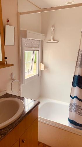 une salle de bain avec une baignoire, un lavabo et une fenêtre dans l'établissement Petite maison dans la prairie, à Cabanac-et-Villagrains