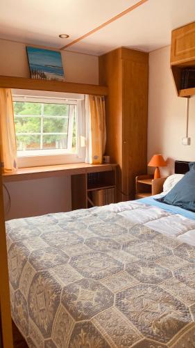 une chambre avec un grand lit et une fenêtre dans l'établissement Petite maison dans la prairie, à Cabanac-et-Villagrains