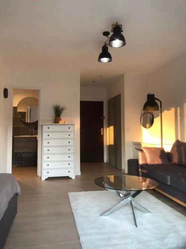 un salon avec un canapé et une table dans l'établissement Cozy studio apartment in Cannes - AC-Self check-in, à Cannes