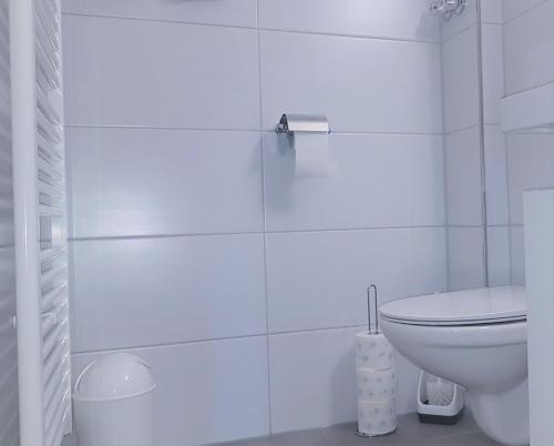 a white bathroom with a toilet and a shower at Ferienwohnung Allgäublick Regina in Bad Hindelang