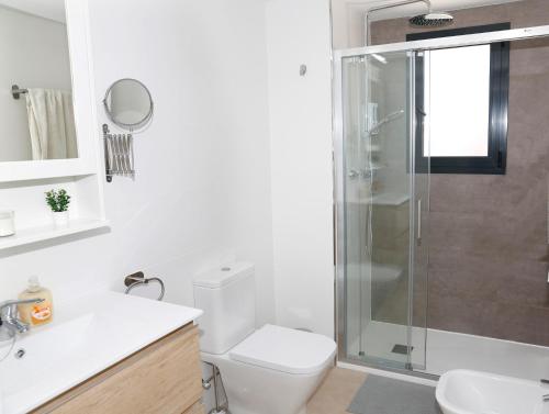 a bathroom with a toilet and a glass shower at Ático Azucarera Torre del Mar in Torre del Mar
