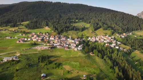 an aerial view of a village on a mountain at Al Sole B&B Valcomelico in Santo Stefano di Cadore