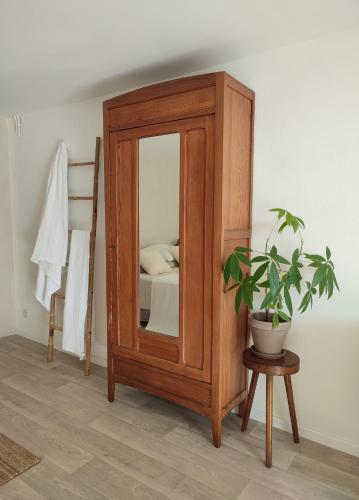 une armoire en bois avec un miroir et une plante en pot dans l'établissement Maison Caiada, à Urrugne