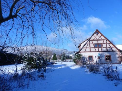 een huis met sneeuw op de grond ervoor bij Gite les Cigognes in Neuwiller-lès-Saverne