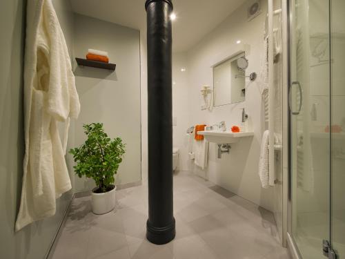 a bathroom with a glass shower and a black pole at EA Business Hotel Jihlava in Jihlava