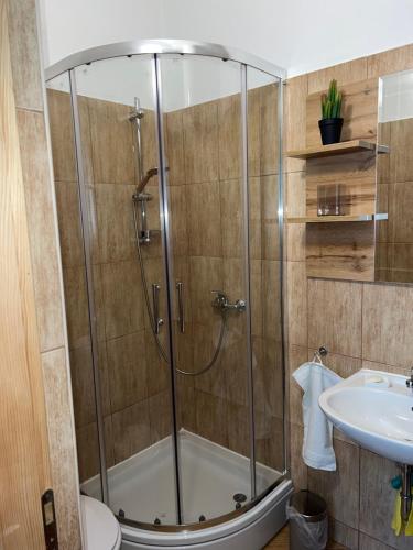 ein Bad mit einer Dusche und einem Waschbecken in der Unterkunft Appartement Vila Fajen in Sukošan