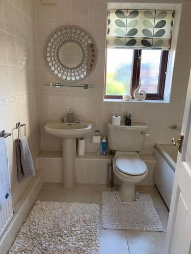 a bathroom with a toilet and a sink and a mirror at Spacious 2 BR home close to town & coast + parking in Uzmaston