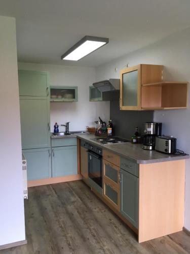 a kitchen with blue cabinets and a counter top at Ferienwohnungen Rössle in Stiefenhofen