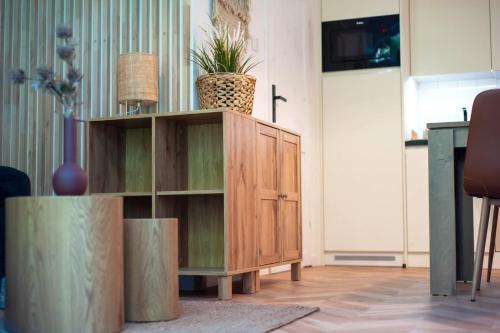 Village Mielno - najpiękniejsze domki wakacyjne nad morzem في ميلنو: خزانة خشبية عليها بعض النباتات