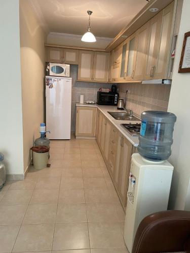 a kitchen with wooden cabinets and a white refrigerator at Royal Marina in Didim