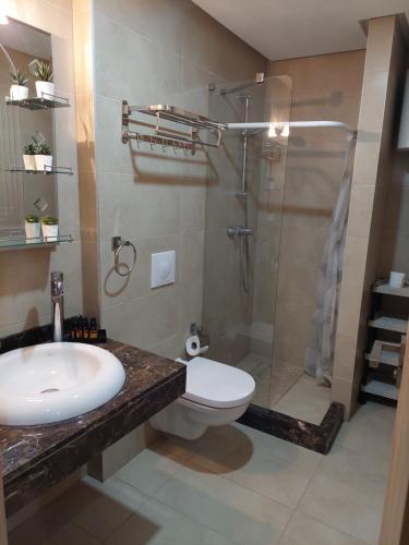 a bathroom with a sink and a shower and a toilet at Studio Superbe Parc Mohammedia in Mohammedia
