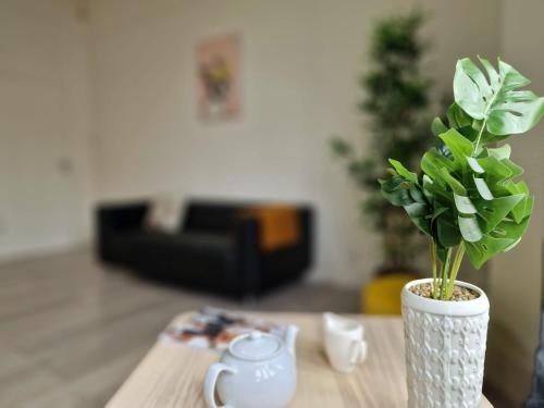 un vaso con una pianta su un tavolo in soggiorno di Spacious 4 Bedroom apartment in amazing location a Londra