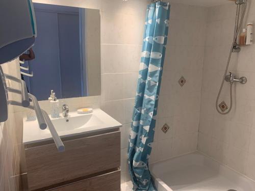 een badkamer met een douche, een wastafel en een bad bij Gîte Le doux Valoan in Lamastre