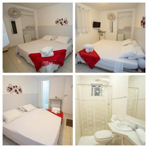four pictures of a hotel room with two beds and a bathroom at Pousada Aloha Cantinho in Guarujá
