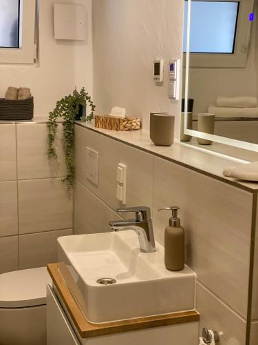 a bathroom with a sink and a toilet and a mirror at Fewo Catlen in Traben-Trarbach