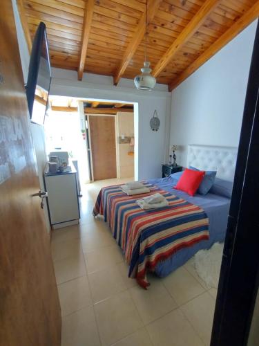 a bedroom with a bed with a striped blanket at Vistalbahouse in Ciudad Lujan de Cuyo