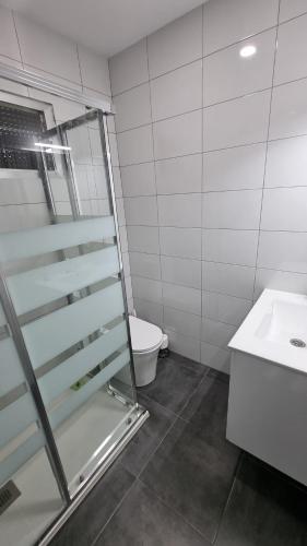 een badkamer met een douche, een toilet en een wastafel bij APARTAMENTO ECONOMICO Y CENTRICO in Castellón de la Plana