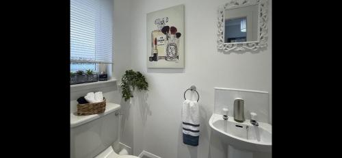a bathroom with a sink and a toilet and a mirror at Stylish Scottish House with garden and parking in Perth