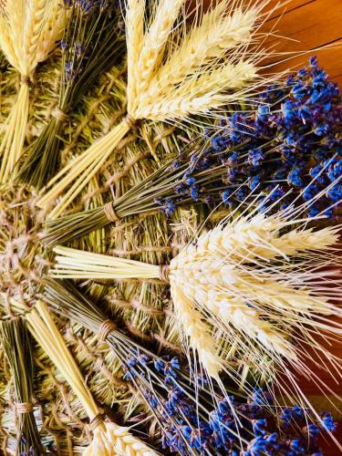 a pile of dried grasses and blue flowers at Шале Вілія in Vorokhta