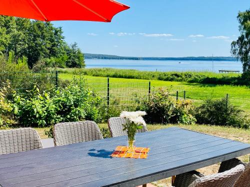 una mesa de picnic con un paraguas rojo y un jarrón de flores en Ferienhäuser mit Seeblick direkt am Plauer See, en Plau am See
