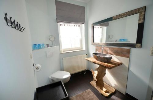een badkamer met een wastafel, een toilet en een spiegel bij Apartment Kapstadt in Mühlhausen