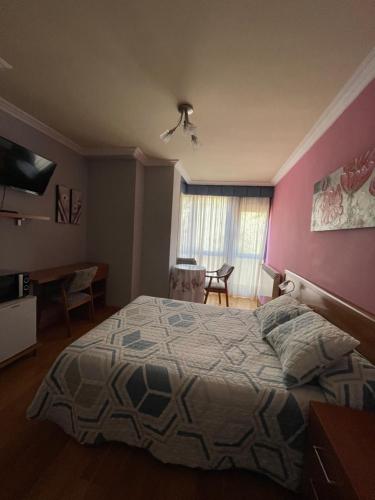 1 dormitorio con cama y pared de color rosa en Hostal Santiago 2, en Burgos