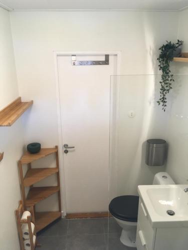 łazienka z drzwiami, toaletą i umywalką w obiekcie TROLLEBO günstig gelegene renovierte Stuga mit Sauna und 250 Mbs Glasfaser w mieście Eriksmåla