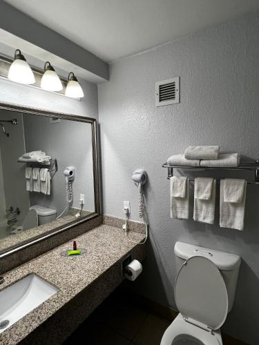 a bathroom with a sink and a toilet and a mirror at Super 8 by Wyndham Fort Worth Entertainment District in Fort Worth