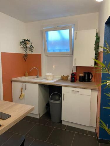 eine Küche mit Spüle und Fenster in der Unterkunft Le Duplex du Beffroi in Douai