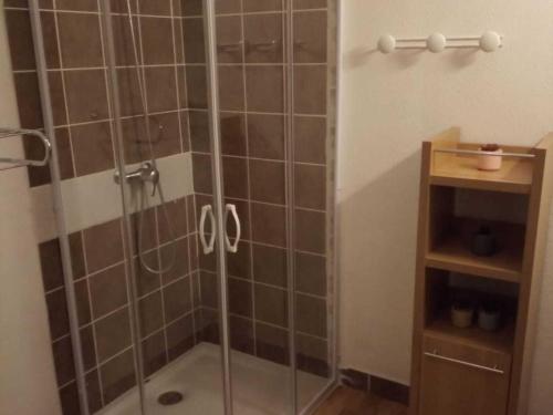 a shower with a glass door in a bathroom at Appartement Albiez-Montrond, 2 pièces, 4 personnes - FR-1-618-14 in Albiez-Montrond