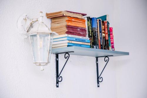 a shelf with books and a lamp on a wall at Kućerak Sofija in Čortanovci