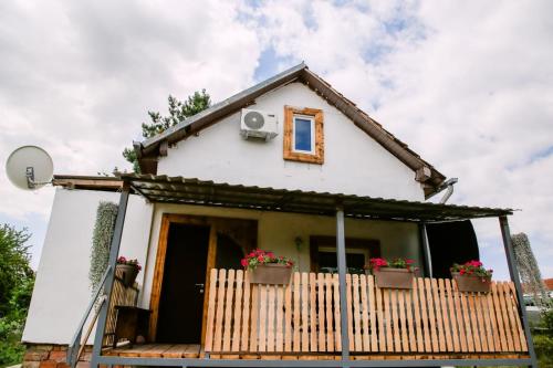 a small house with potted plants on the porch at Kućerak Sofija in Čortanovci