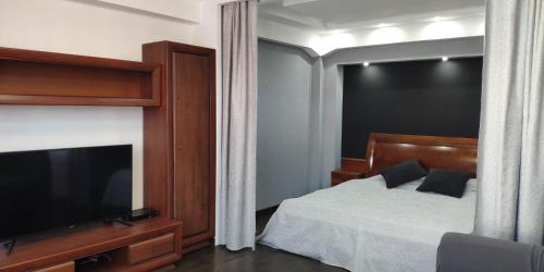 a bedroom with a bed and a flat screen tv at Apartment on Nazarbayeva 77 in Almaty