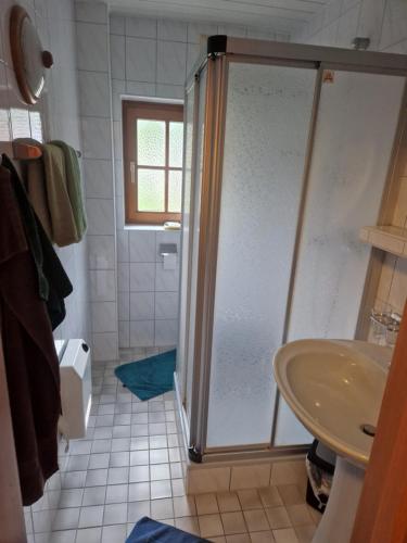 a bathroom with a shower and a sink at Haus Silvia Kraml in Schladming