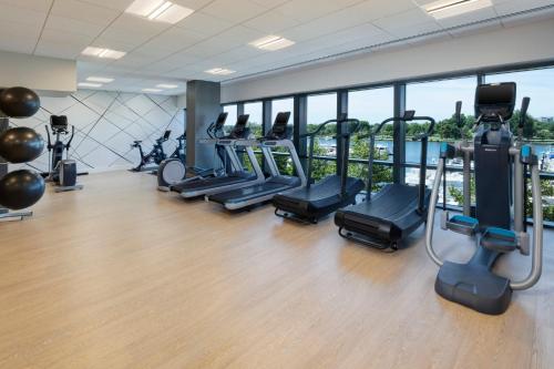 a gym with rows of treadmills and elliptical machines at InterContinental - Washington D.C. - The Wharf by IHG in Washington