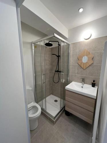 une salle de bain avec une douche, des toilettes et un lavabo dans l'établissement L'appart'2 charme, bord de mer., à Saint-Valery-en-Caux