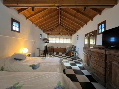 a large room with two beds and a television at ENCANTO DEL BOSQUE Casa Bosque Peralta Ramos in Mar del Plata