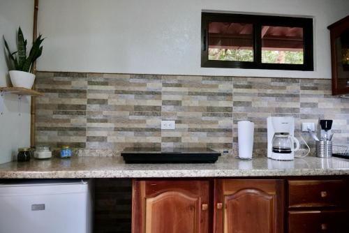 a kitchen with a counter top with a tile wall at TERMINAL VERDE PRIVATE APARTMENTS NEAR AIRPORT 24h SELF CHECK IN in Concepción