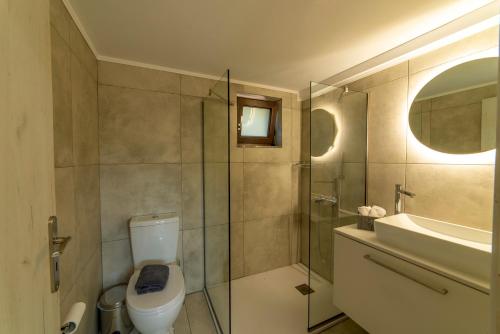 a bathroom with a toilet and a sink and a shower at Emmy Villa in Anevató