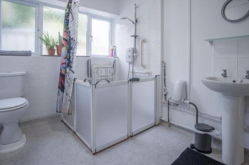 ein weißes Badezimmer mit Toilette und Waschbecken in der Unterkunft Ty Golau - 3 Bed Holiday Home - Pembroke in Pembroke