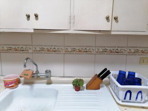 a kitchen counter with a sink and a knife rack at Amplio, bonito, clásico Departamento en San Isidro in Lima