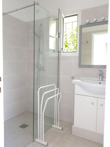 une salle de bain avec une douche en verre et un lavabo dans l'établissement Studio au calme, proche commerces et plages, à Antibes