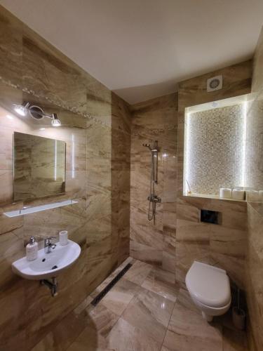 een badkamer met een wastafel en een toilet bij Penzión Jolla in Červený Kláštor