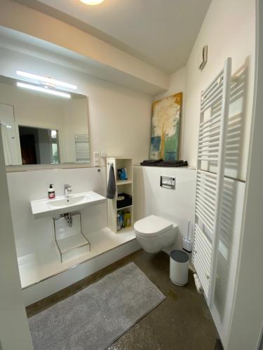 een witte badkamer met een wastafel en een toilet bij Atelier-Ferienwohnung in Mülheim an der Ruhr