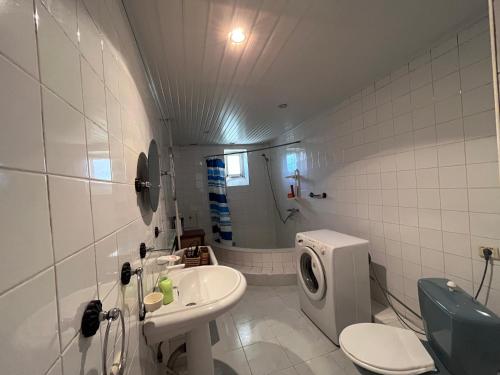 La salle de bains est pourvue d'un lavabo, de toilettes et d'une douche. dans l'établissement Apricot Tree B&B, à Yeghegnadzor