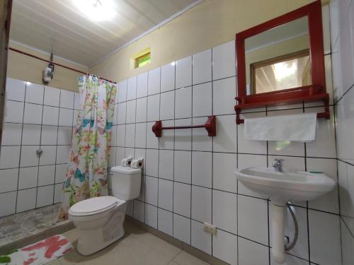 La salle de bains est pourvue de toilettes et d'un lavabo. dans l'établissement Cabañas Daneysha, à Tortuguero