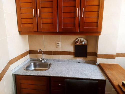 a kitchen with a sink and wooden cabinets at Terraza Hotel in La Paz