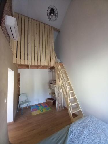 a bedroom with a loft bed with a ladder at Gîtes "Pourquoi pas Au Canard" proche de Pairi Daiza in Jurbise