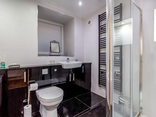 a bathroom with a toilet and a sink and a shower at Queen Anne Suite in Stanhope