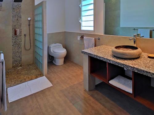 La salle de bains est pourvue d'un lavabo, de toilettes et d'une douche. dans l'établissement VILLA MIADANA, à Dzamandzar